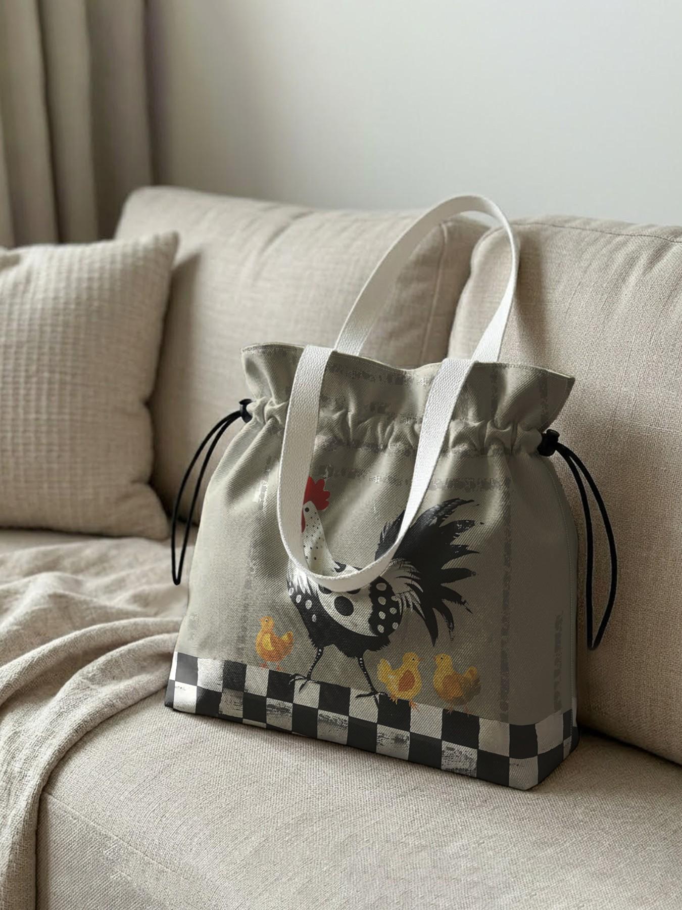 Rooster Pattern 2D Printed Drawstring Stylish Tote Bag, Large Capacity Shopping Bag, Durable and Wear-Resistant, Ideal for Work, Shopping, Picnic