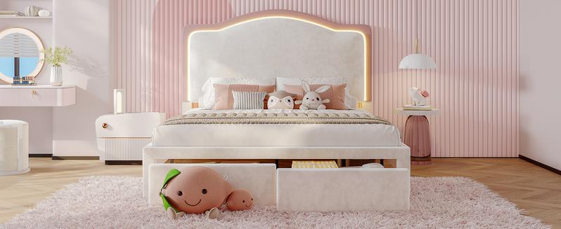 VanAcc LED Bed Frame with 2 Storage Drawers, Upholstered Platform Bed with Adjustable Headboard, No Box Spring Needed, Easy Assembly