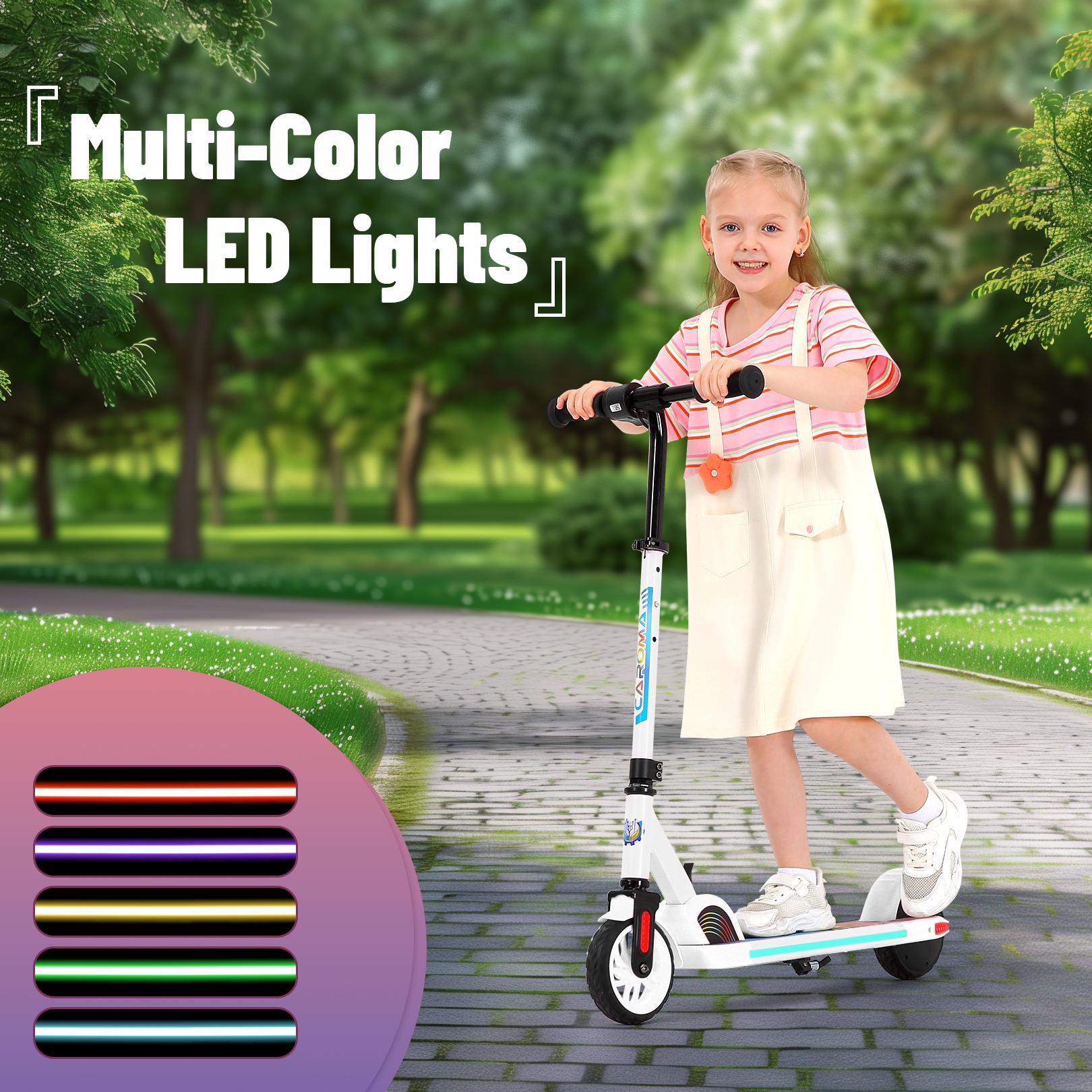 Caroma Electric Scooter for Kids Ages 6-14, 180W Motor & 10 Mph, 80 Mins Ride Time, Adjustable Height & Speed, LED Display & Colorful Lights, Kids Electric Scooter, Best Gift for Boys and Girls