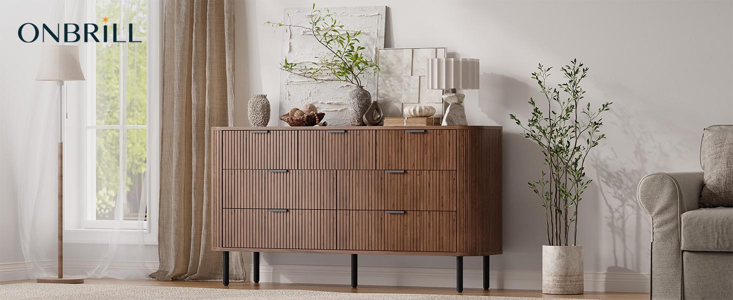 【SPOTLIGHT DAY】ONBRILL 60 " Fluted Dresser, Modern Wooden Dresser for Bedroom, Chest of Drawers with Metal Handle, TV Stand, Storage Organizer Unit, Storage Tower for Livingroom Hallway Closet ,Bedroom Furniture, Christmas Gift