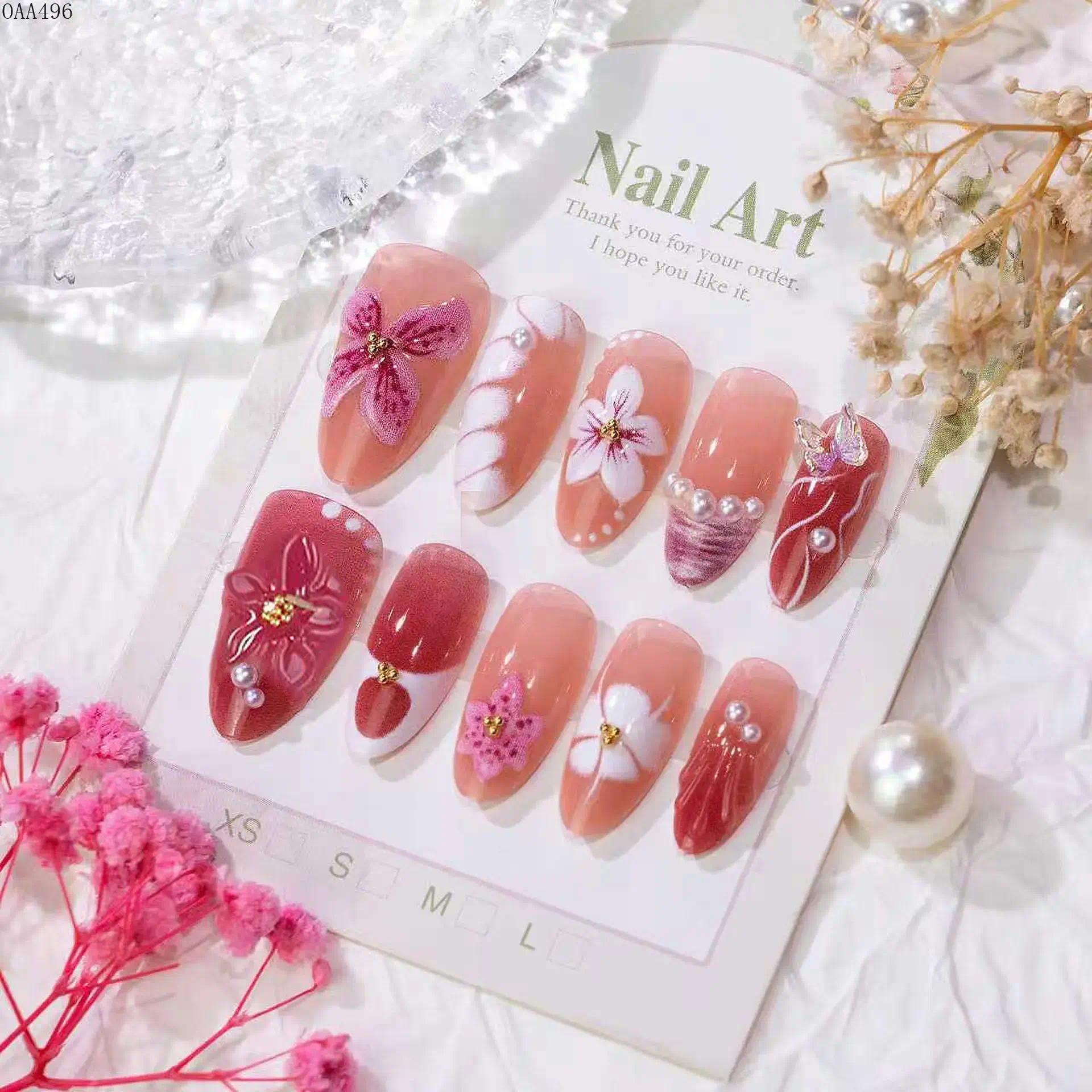 DIY Bag Accessory Press On Nails, 24-Piece Almond-Shape, 3D Rhinestone Flowers Design, Reusable Glossy Full Cover for Daily Wear, Parties