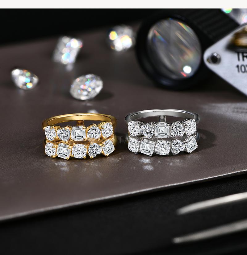 Double row sparkling Cushion&Octagon&Heart Cut Synthetic Moissanite ring D Color VVS1 for Women Wedding Band Engagement Gift Fine Jewelry R141