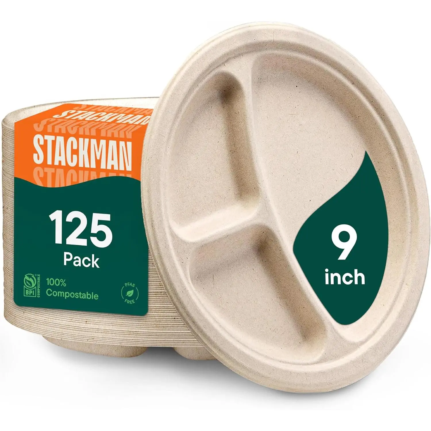 125 Pcs Divided Round 9-Inch Heavy-Duty Sectioned Disposable Bagasse Lunch Trays, 3-Compartment, 100% Compostable Biodegradable, PFAS-Free, BPA-Certified Home & Festive Party Disposable Tableware