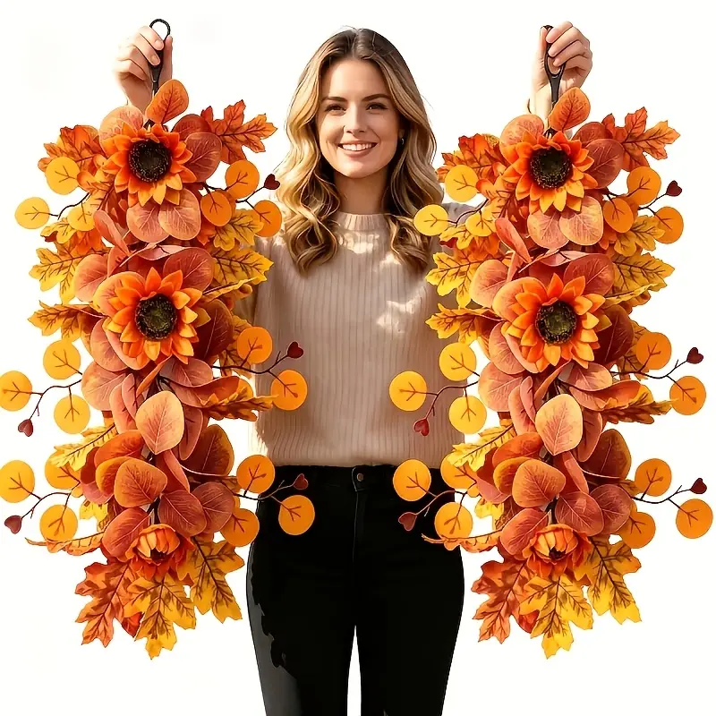 2pcs Autumn Sunflower Maple Leaf Faux Door Hanging Decoration, Simulated Greenery Wall Hanging, Artificial Plants, Includes Sunflower, Vintage Red-Brown Oak Leaves, Yellow-Toned Maple Leaves, Orange-Yellow Round Disc And Heart-Shaped Eucalyptus Leaves
