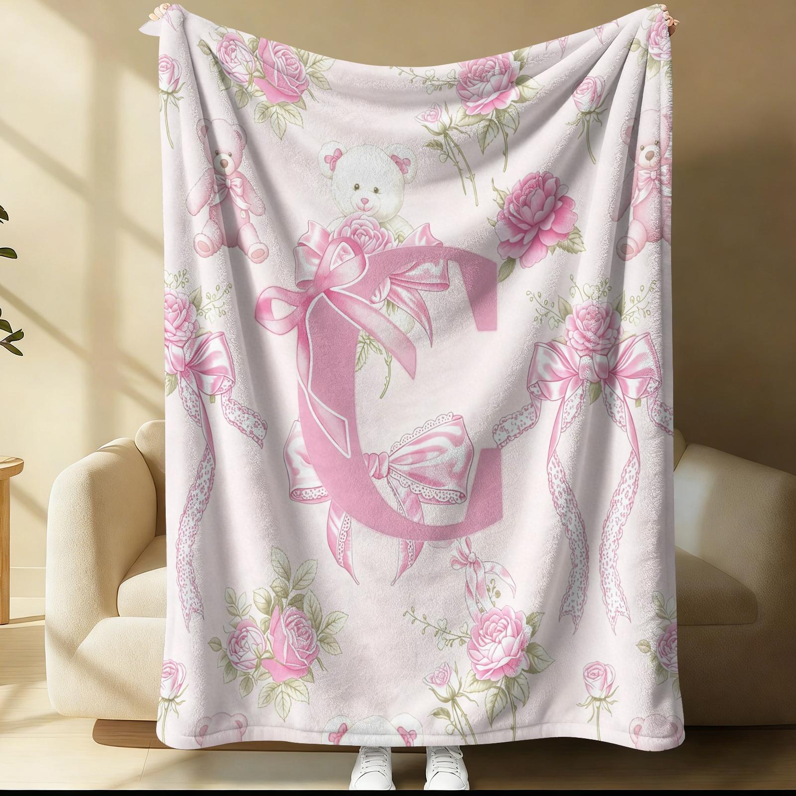 Pink Coquette Initial Letter Throw Blanket, Soft Fuzzy Plush, Teddy Bear & Rose Floral, Girly Bow Print, Lightweight for Couch Bed Office, All Seasons, Aesthetic Room Decor, Perfect Gift