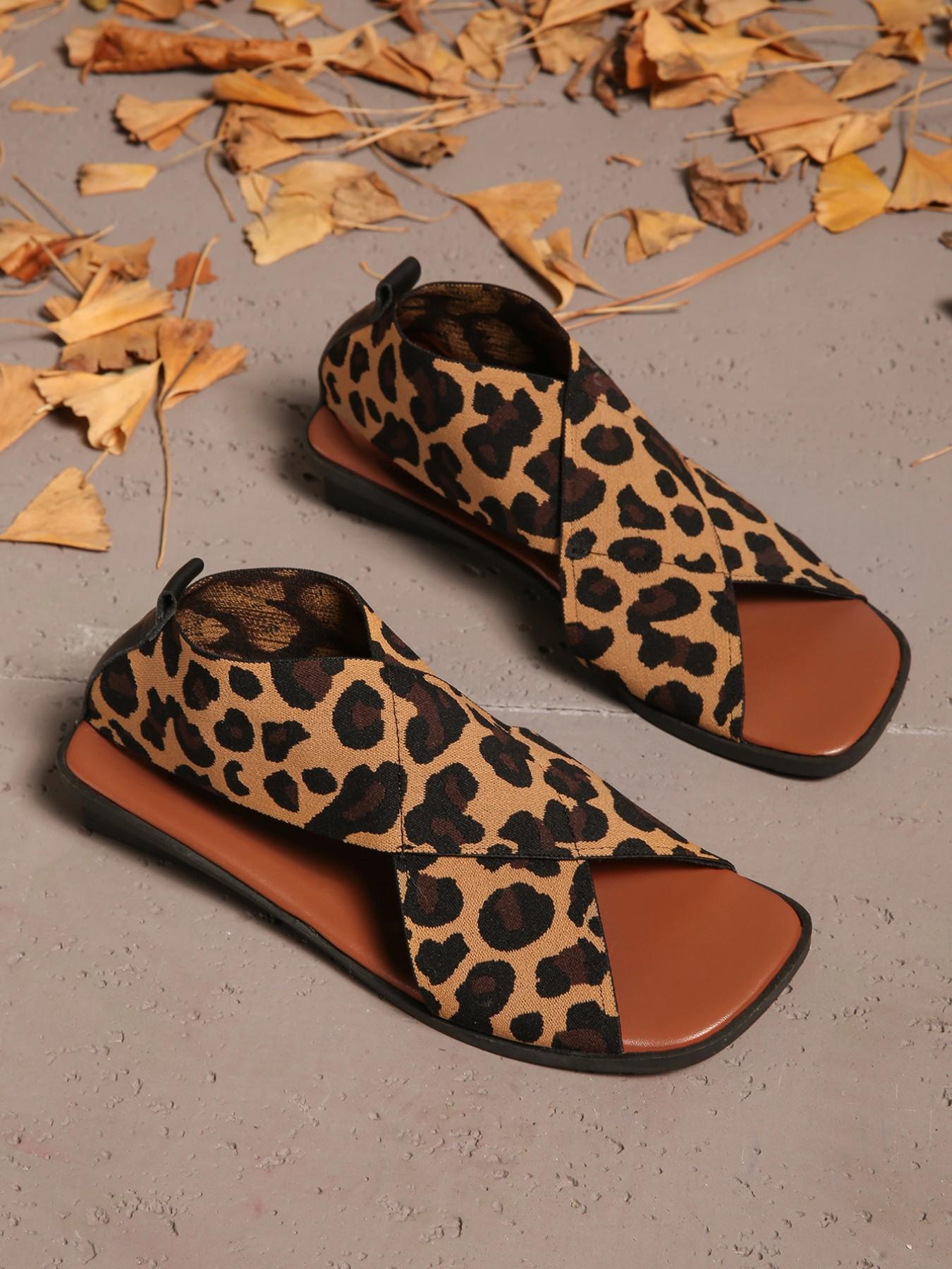 New Leopard Print Cross Strap Wedge Sandals, Square Toe Open-Toe Design, Comfortable Fit, Pull Ring for Easy On/off, All Seasons