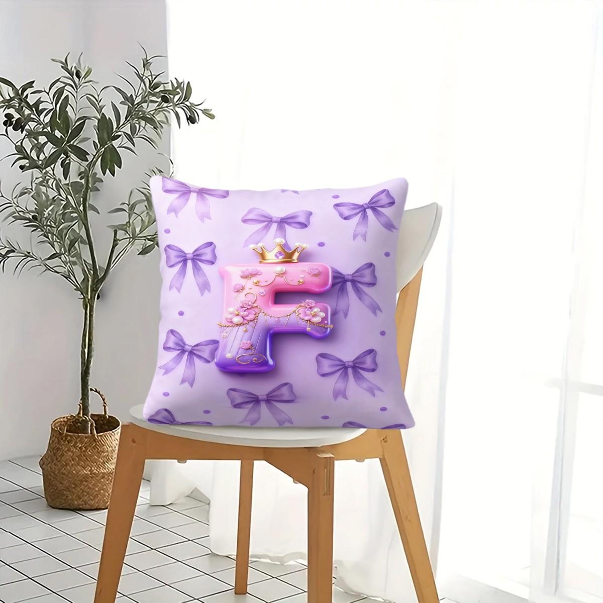 Purple 3D Letter A-Z Crown Throw Pillow 1 Pc with Insert, Soft Comfortable Square Cushion with Zipper Closure for Sofa Chair & Bedroom, Exclusive Customization with Initials Gift, Princess Style Home Decor