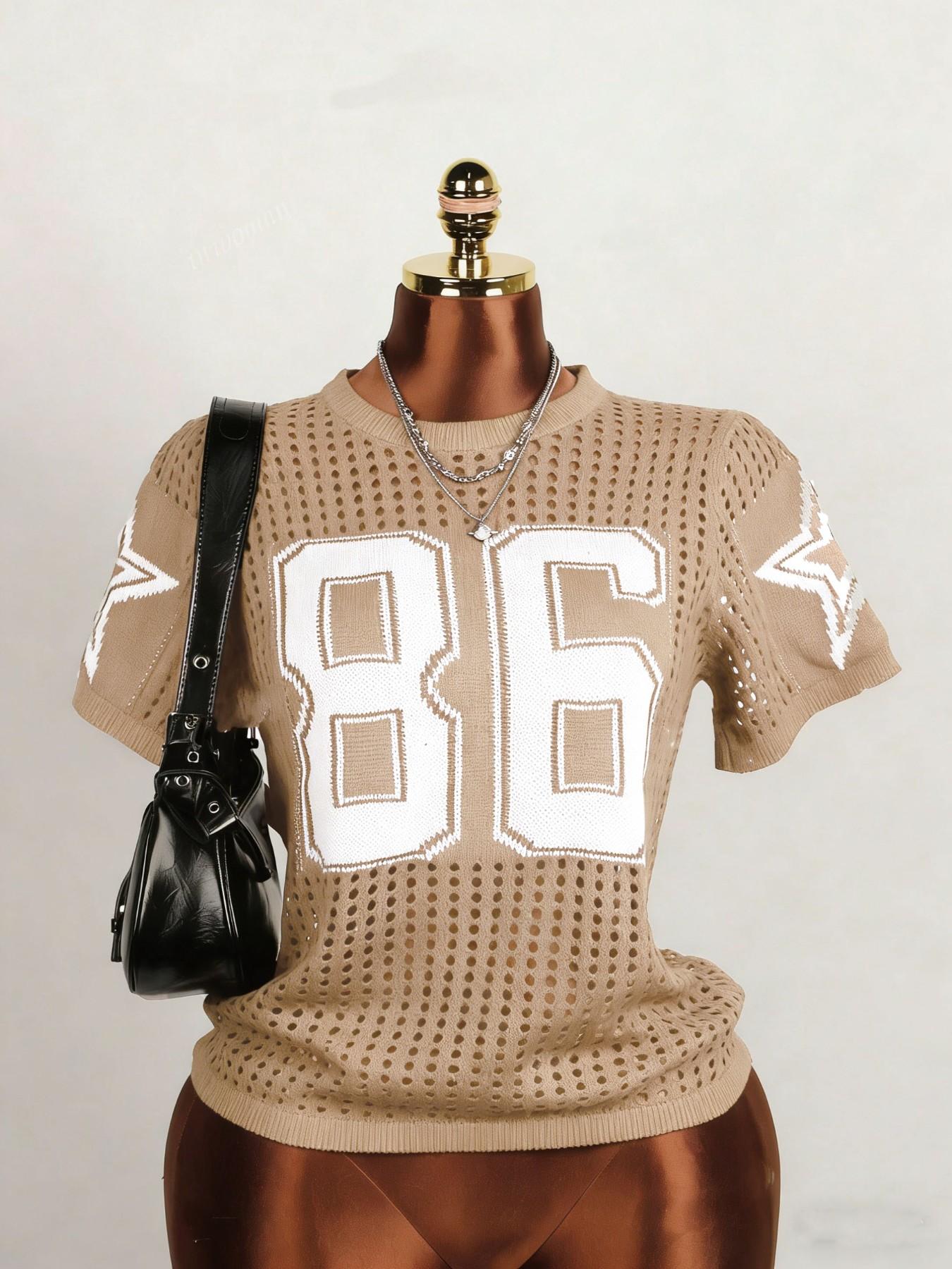 Plus Size Women's Digital Print Hollow Out Sweater, Casual Fashion Sporty Round Neck Knit Top, Summer Wear, Daily Clothing