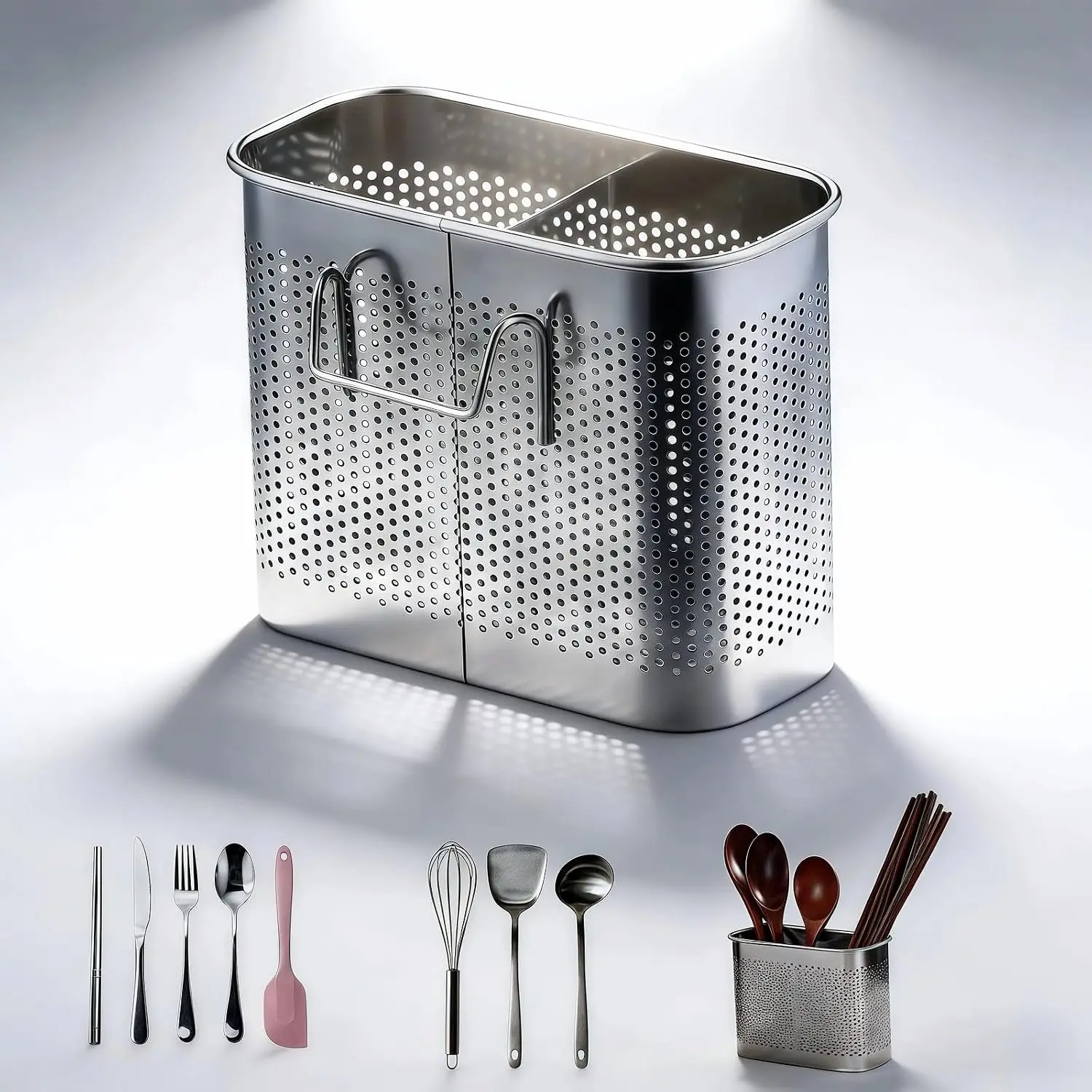 Stainless Steel Kitchen Utensil Holder with Hooks, 2-Tier Stainless Steel 304 Utensil Holder,Rustproof Heavy Duty Dish Drainer for Kitchen Sink Countertop,5.51x4.33x2.76 Inch