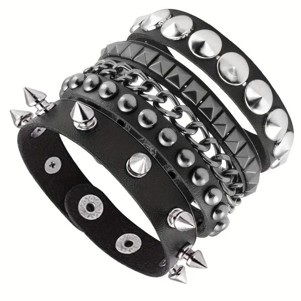 3Pcs Punk Rivet Spike Studded Bracelet Set Multi-layer Gothic Rock PU Leather Cuff Wristband Bracelets for Men Women Stackable Retro Emo Cuff Bracelets Halloween Accessories Cuff Bangle Jewelry XMAS Gift