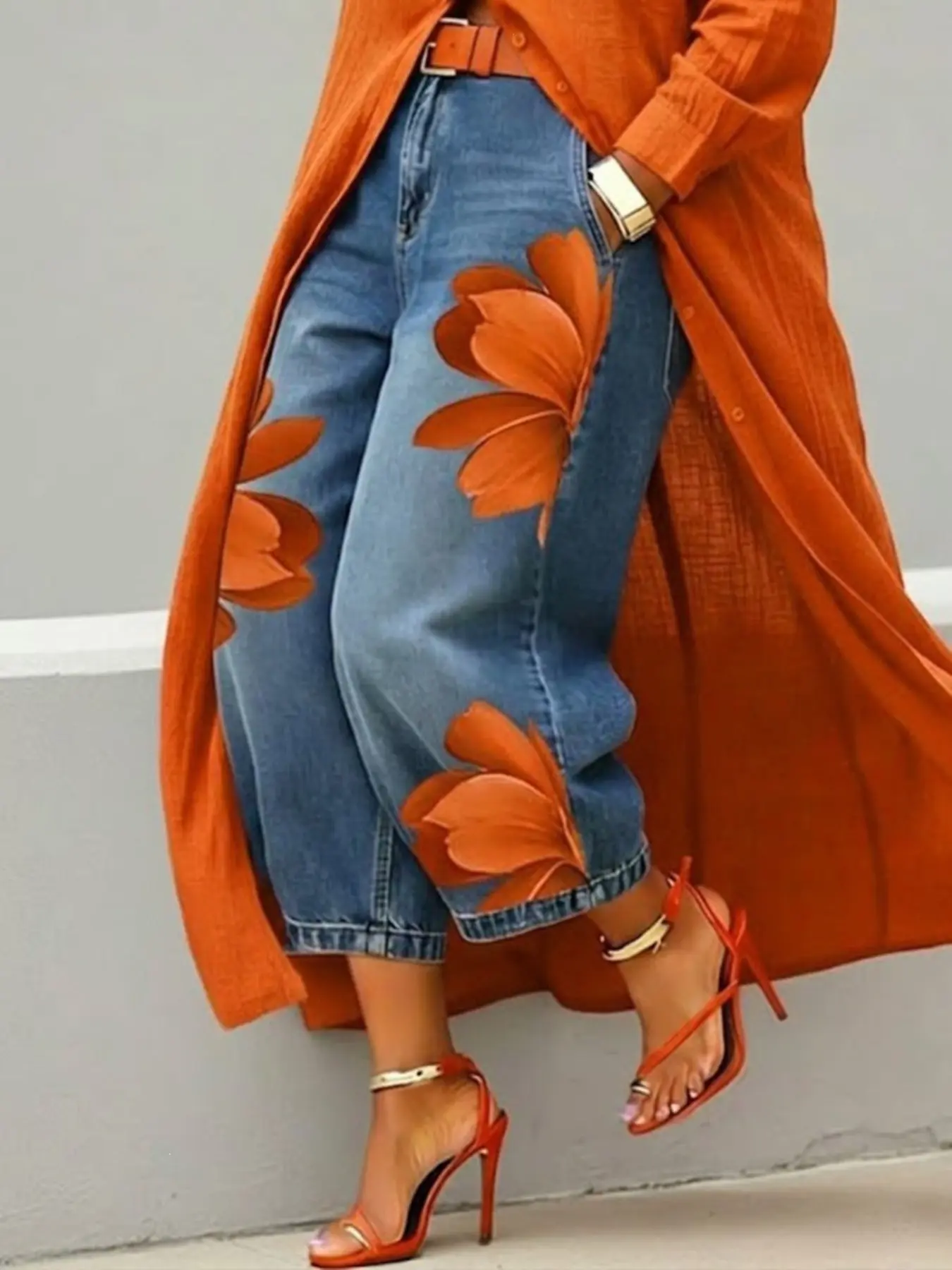 【Yazzy Exclusive】2026 Fall Women's Authentic Denim Wide Leg Jeans with Floral Print | High Waist Relaxed Fit Real Denim Pants