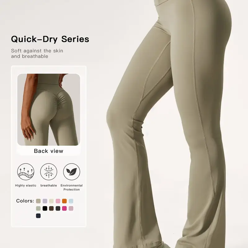Women's Solid High-Waisted Flared-Leg Tummy Control Sports Leggings, Plain Leggings, Yoga Athletic Bottoms, Breathable Wide Waistband Pants for Workout & Running