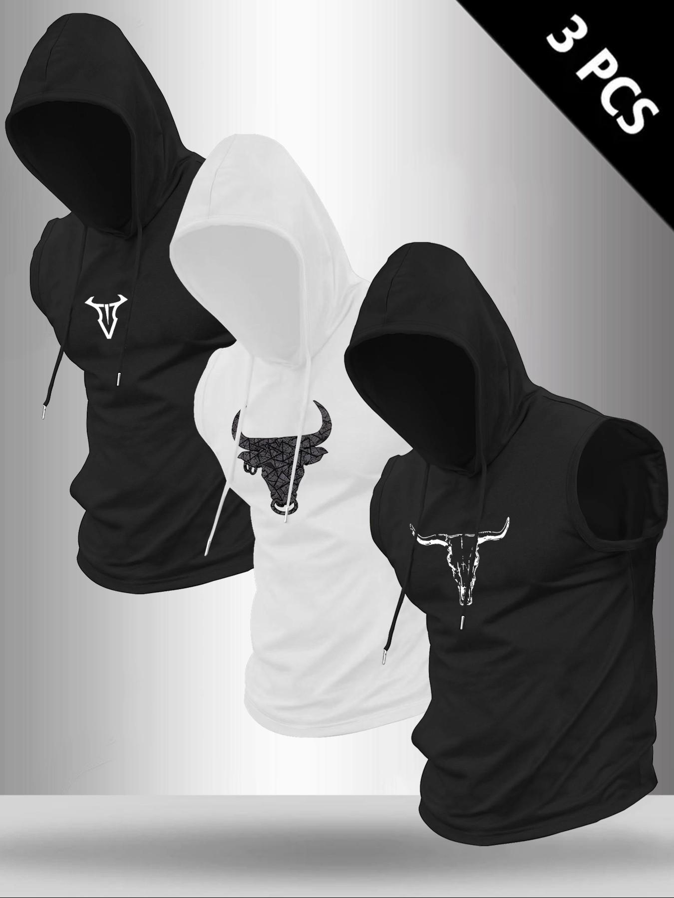 Men's 3-Piece Bull Graphic Print Round Neck Sleeveless T-Shirt Set, Casual Comfortable Fitted Activewear Hooded Vest, Summer Outdoor Athletic Fitness Wear