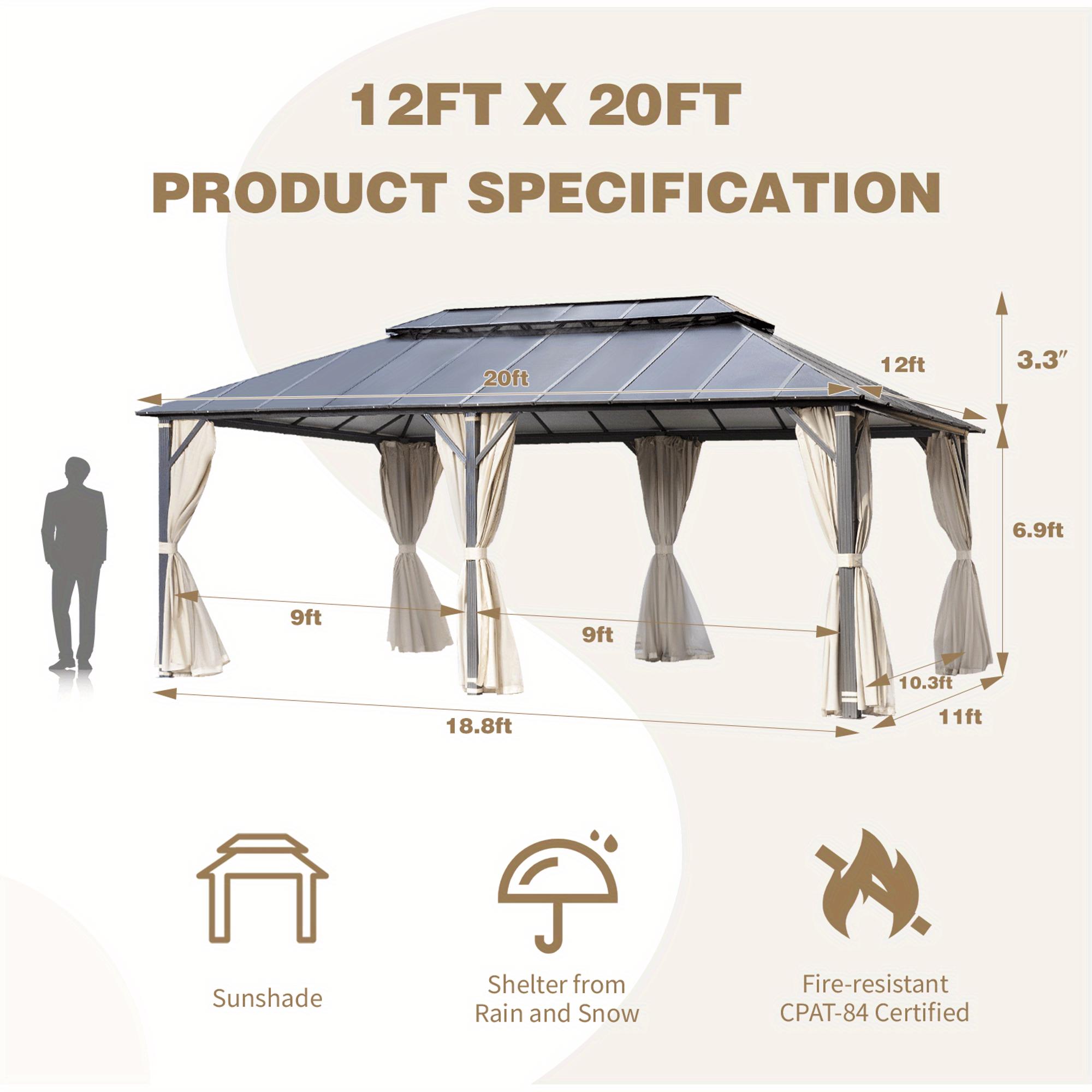 12x20FT Hardtop Gazebo, Permanent Outdoor Aluminum Patio Gazebo with Double Roof, for Patio Lawn and Garden, Curtains and Netting Included