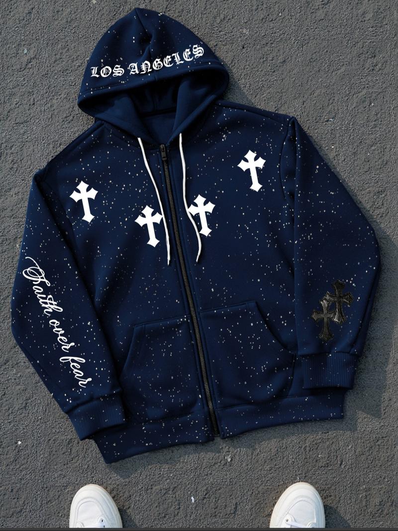 Men's Zip Up Hoodie Sweatshirt, Fashion Starry Shiny Fashion Hooded, Loose Casual Long Sleeve Pullover For Fall Outfits & Winter Outfits, Thick Soft Fabric, Mens Top For Daily Wear, Graphic Print Hoodie