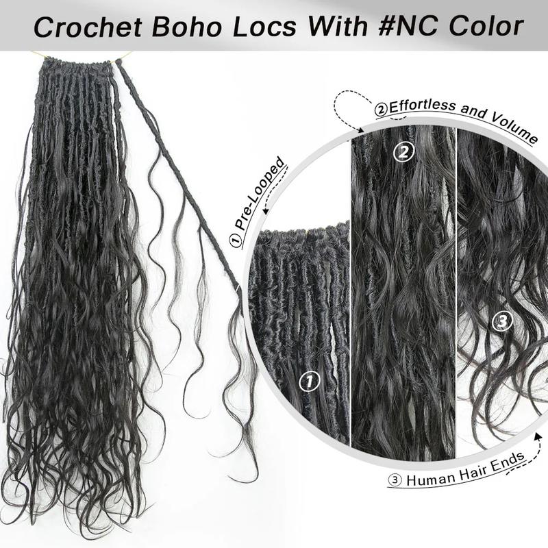 Crochet Boho Faux Locs Braiding Hair With Human Hair Body Loose Wave Curls Pre Looped Goddess Boho Dreadlocks Curly Full Ends Hair Extensions For Black Women Natural Color
