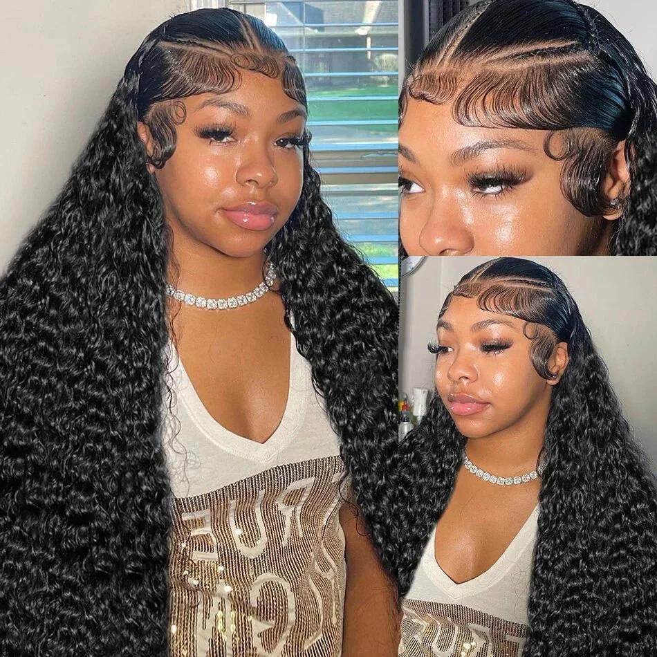 Deep Wave 13x6 Lace Front Wigs Human Hair 180% Density 10A Grade Pre Plucked Glueless Natural Black 13x4 Lace Frontal Deep Curly Human Hair Wig For Women