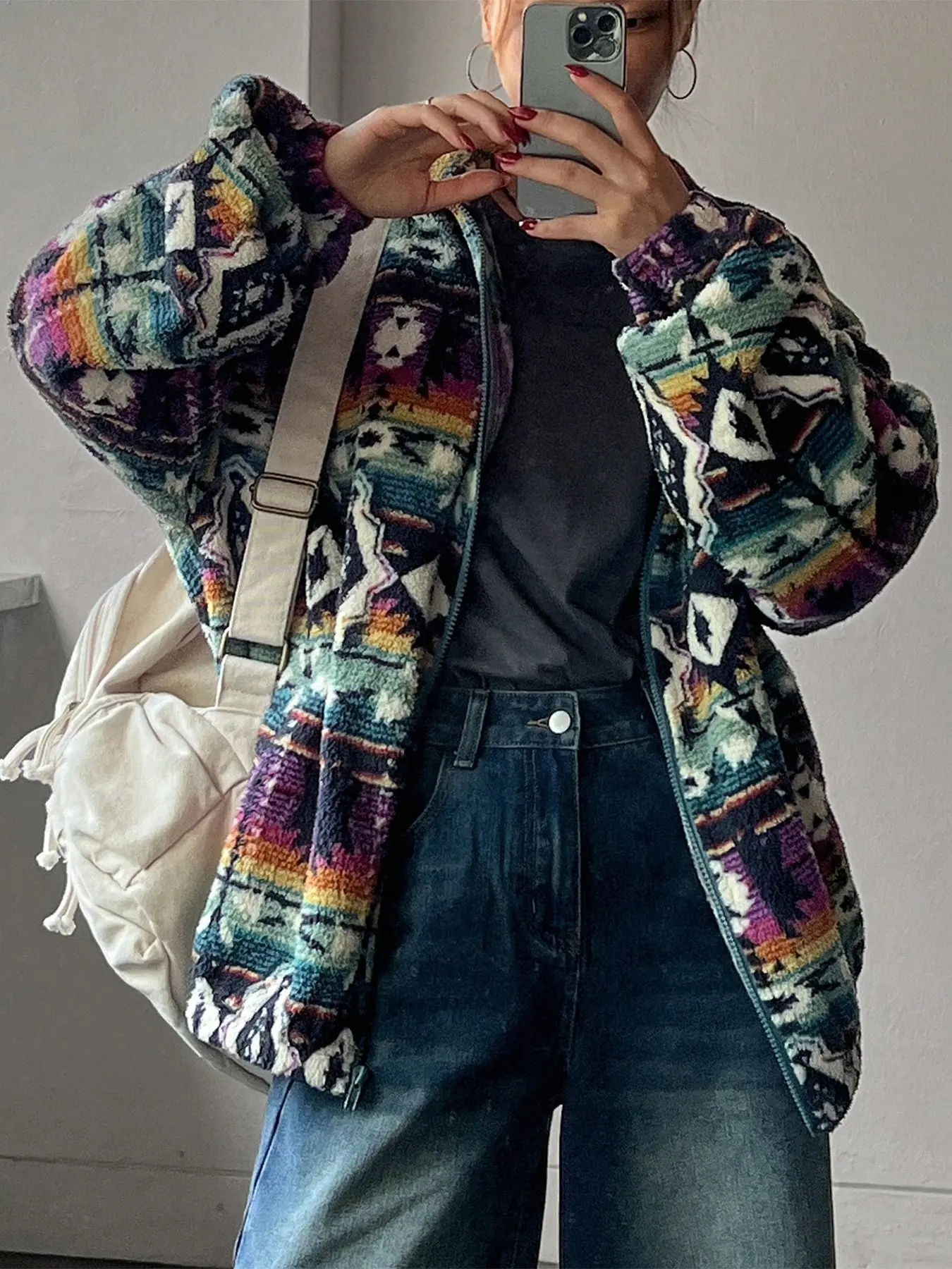 Women's Aztec Tribal Print Fleece Zipper Jacket, Y2K Boho Style Loose Fur Coat, Trendy Fall Winter Streetwear Fashion