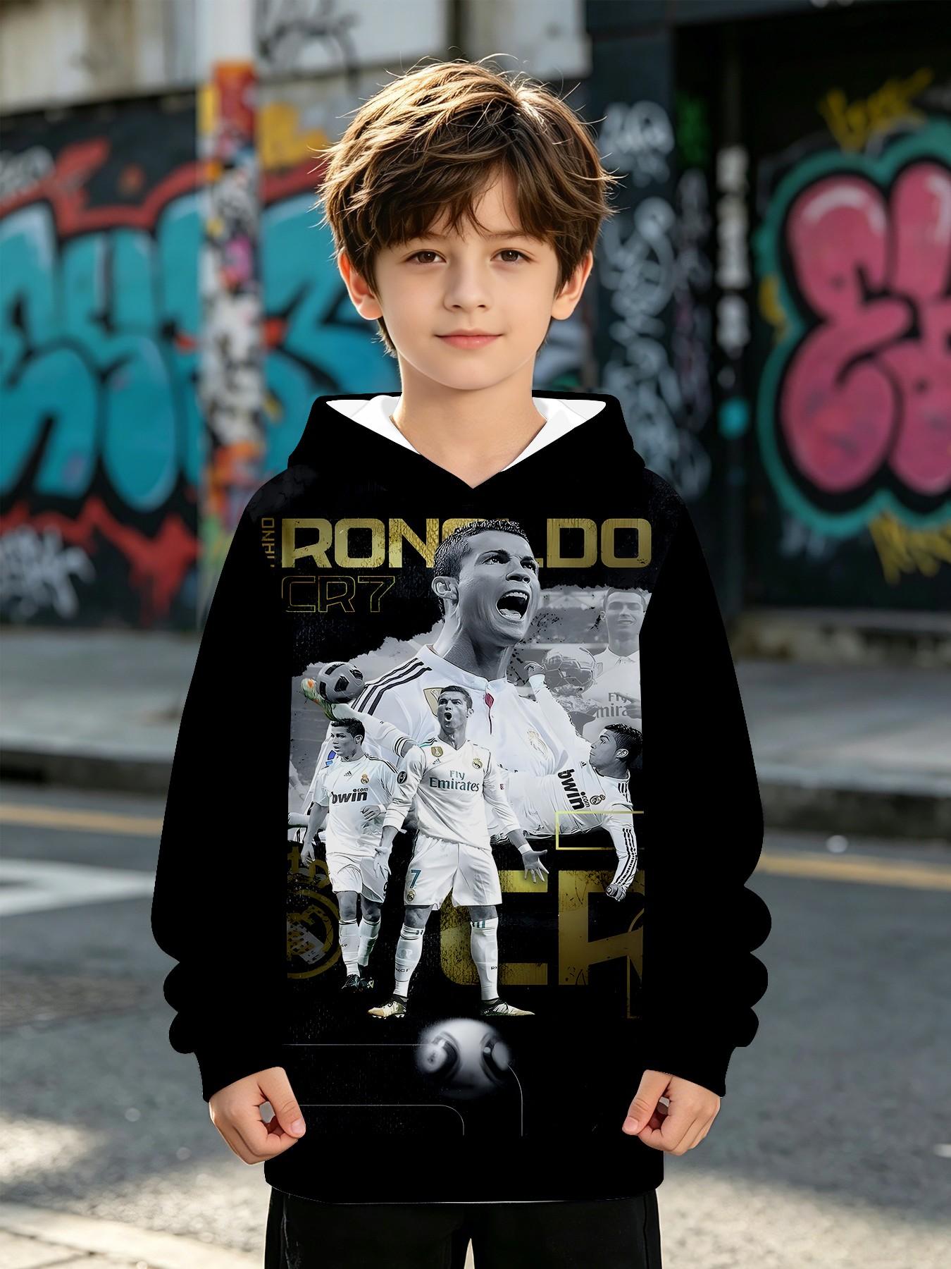 Base Ronaldo Cr7 Gold Foil Print Hoodie, Boys' Football Theme Long Sleeve Pullover, Casual Loose-Fit H-Type Design