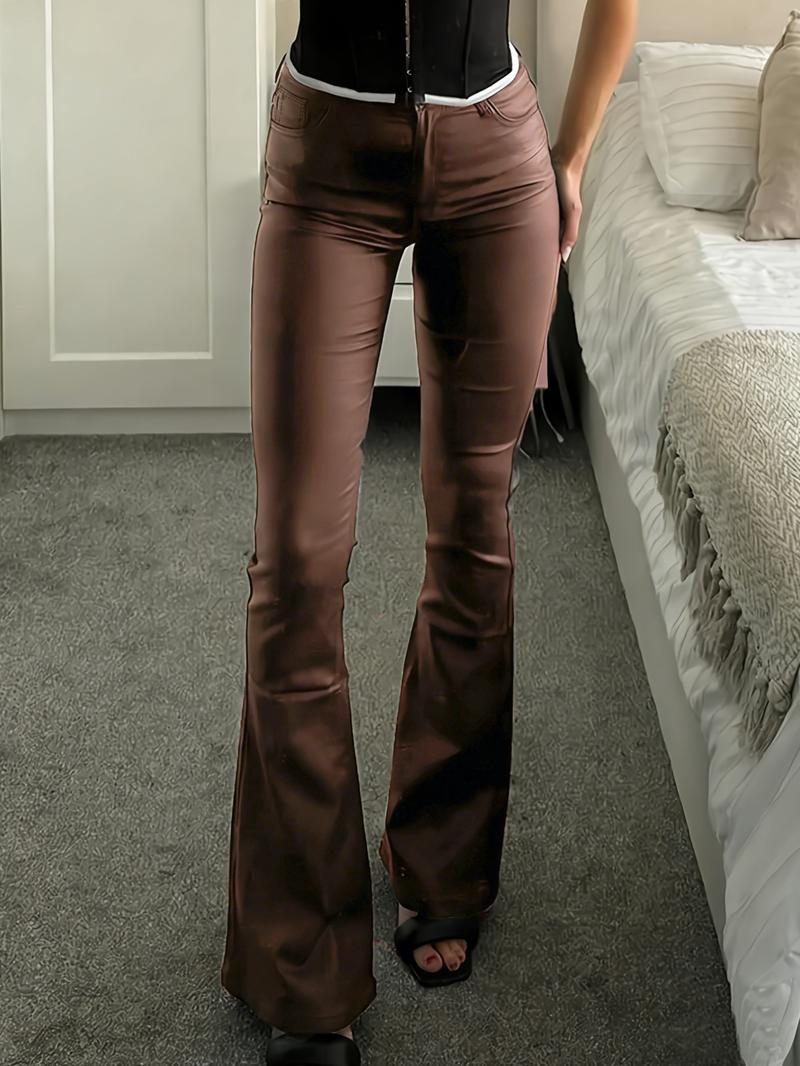 NVFelix Women's High-Waisted Faux Leather Flare Pants with Pockets, Stretchy PU Bell Bottoms for Night Out