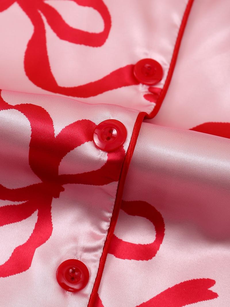 Elegant Women's Pajama Set, Bowknot Print Short Sleeve Top & Elastic Shorts, Valentine's Day Homewear, Casual Sleepwear