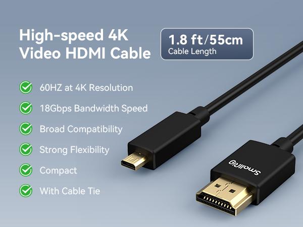 SMALLRIG D to A HDMI Cable Ultra Thin HDMI Cable 55cm/1.8Ft, Super Flexible Slim High Speed 4K 60Hz HDR HDMI 2.0, for GoPro Hero 7/6 /5, for Sony A7RIII / A7II / A6600, for FUJIFILM X-T4 / X-T3-3043B