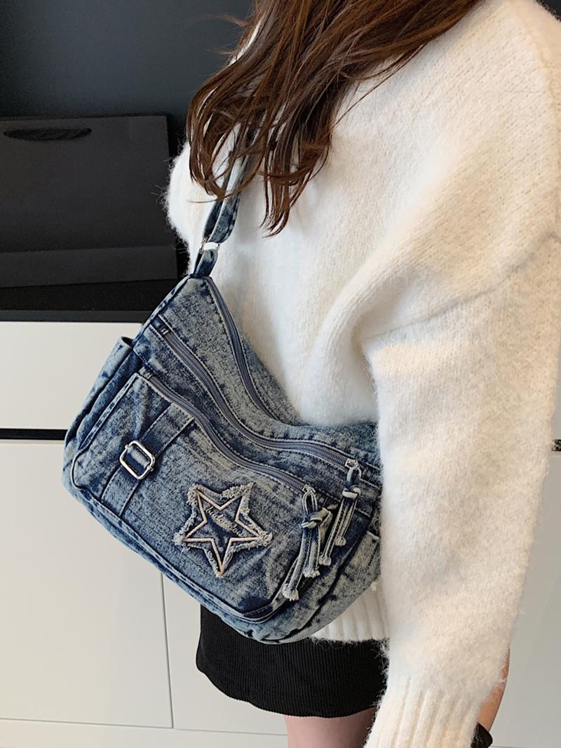 Fashion trend casual Joker shoulder messenger bag, Denim messenger bag, niche design retro wash jeans craft commuter shoulder messenger bag, personality versatile  multi-zipper design suitable for student ， shopping， trips and so on.