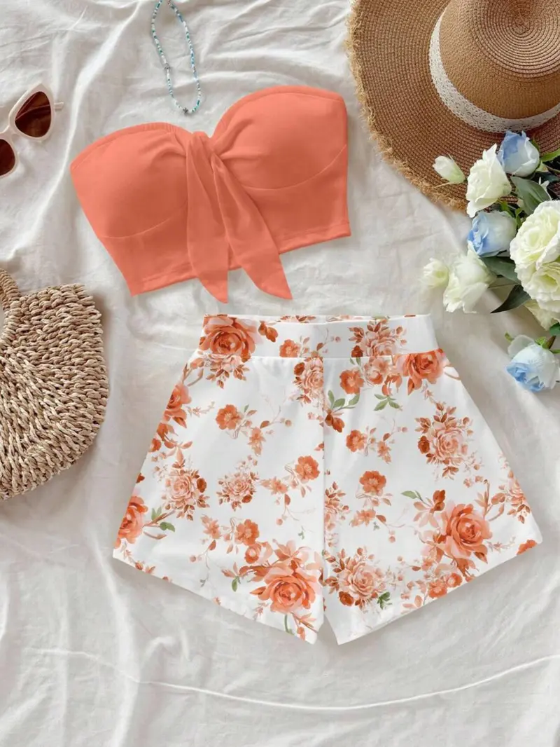 Women's Vacation Casual Solid Color Tank Top and Tropical Print Shorts Set, Two-Piece for Relaxing Holidays, Stylish Summer Wear, Beach Outfits Set