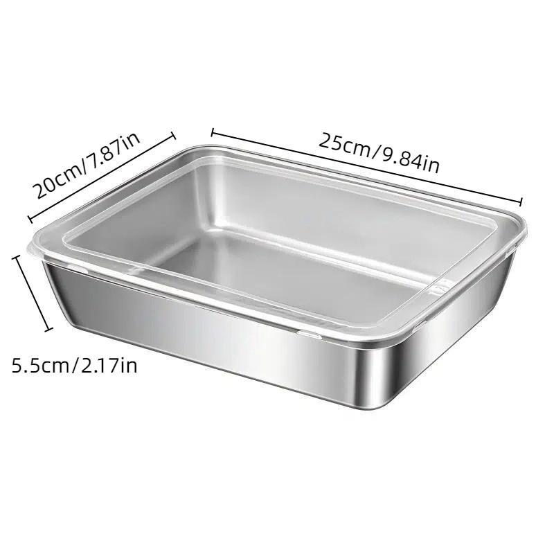 Stainless Steel Rectangular Tray with Lid – Thickened food-grade storage tray for steaming, serving and food preservation. Durable multi-purpose kitchen container, not microwave safe.