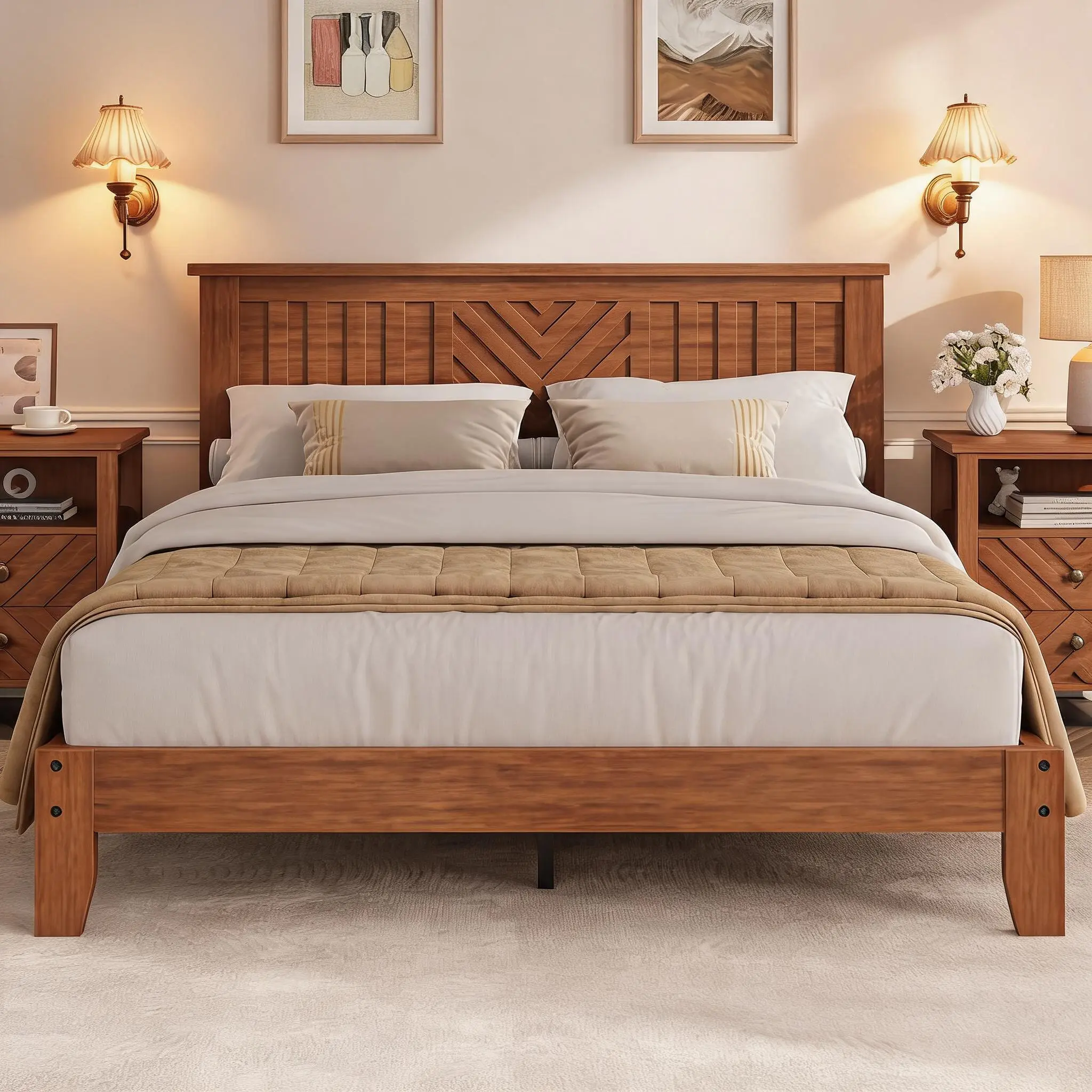 Full/Queen/King Size Wooden Platform Bed Frame with v-Pattern Headboard, Wooden Slat Support, Noise-Free Mattress Foundation, No Box Spring Needed, Easy Assembly,Under-Bed Storage, Light Brown