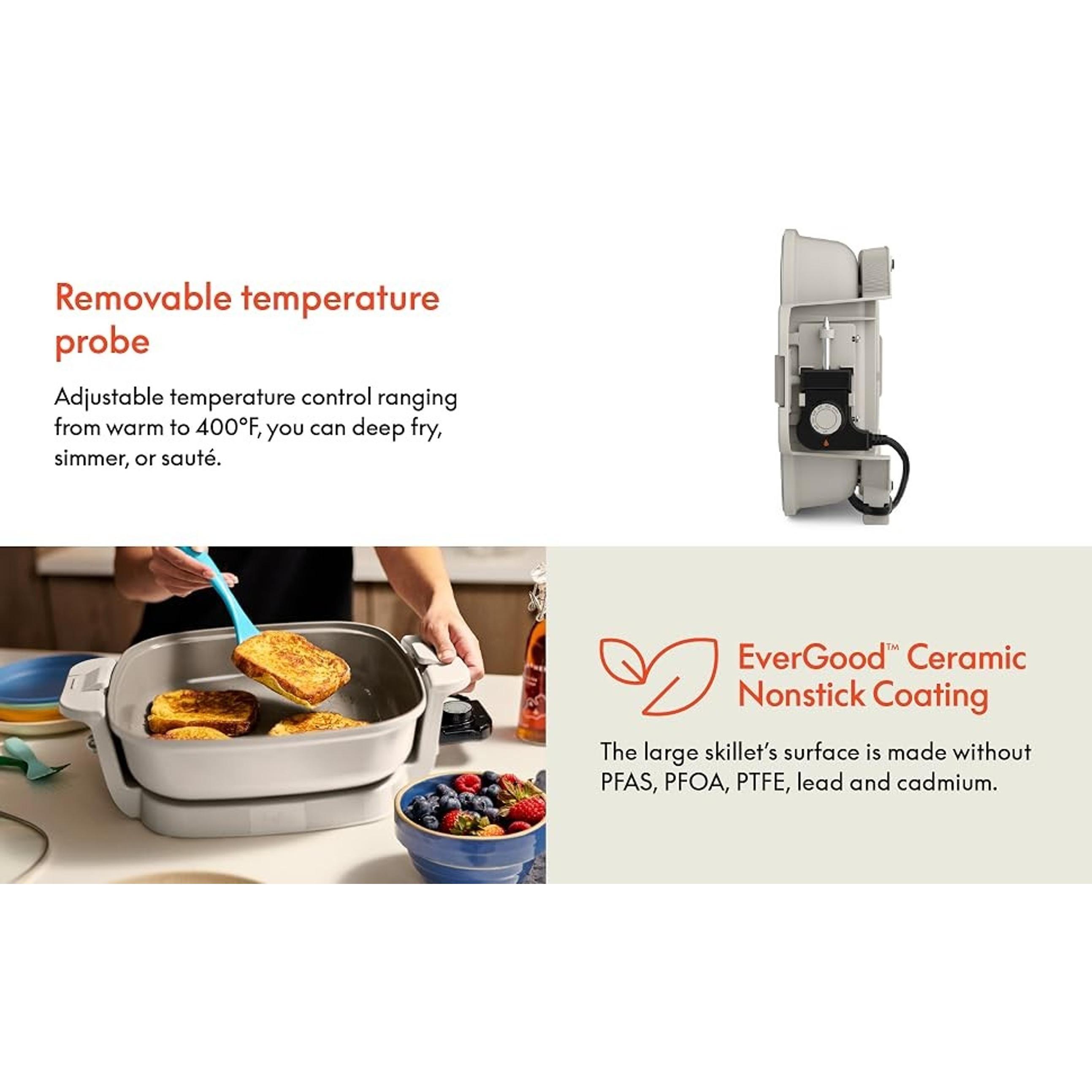 Make & Take Electric Skillet, Fits-anywhere™ kitchenware, EverGood™ Ceramic Coating, Adjustable Temperature & Dishwasher-Safe Tempered Glass Lid, Cast Aluminum Base, 1200 Watt, Oatmilk