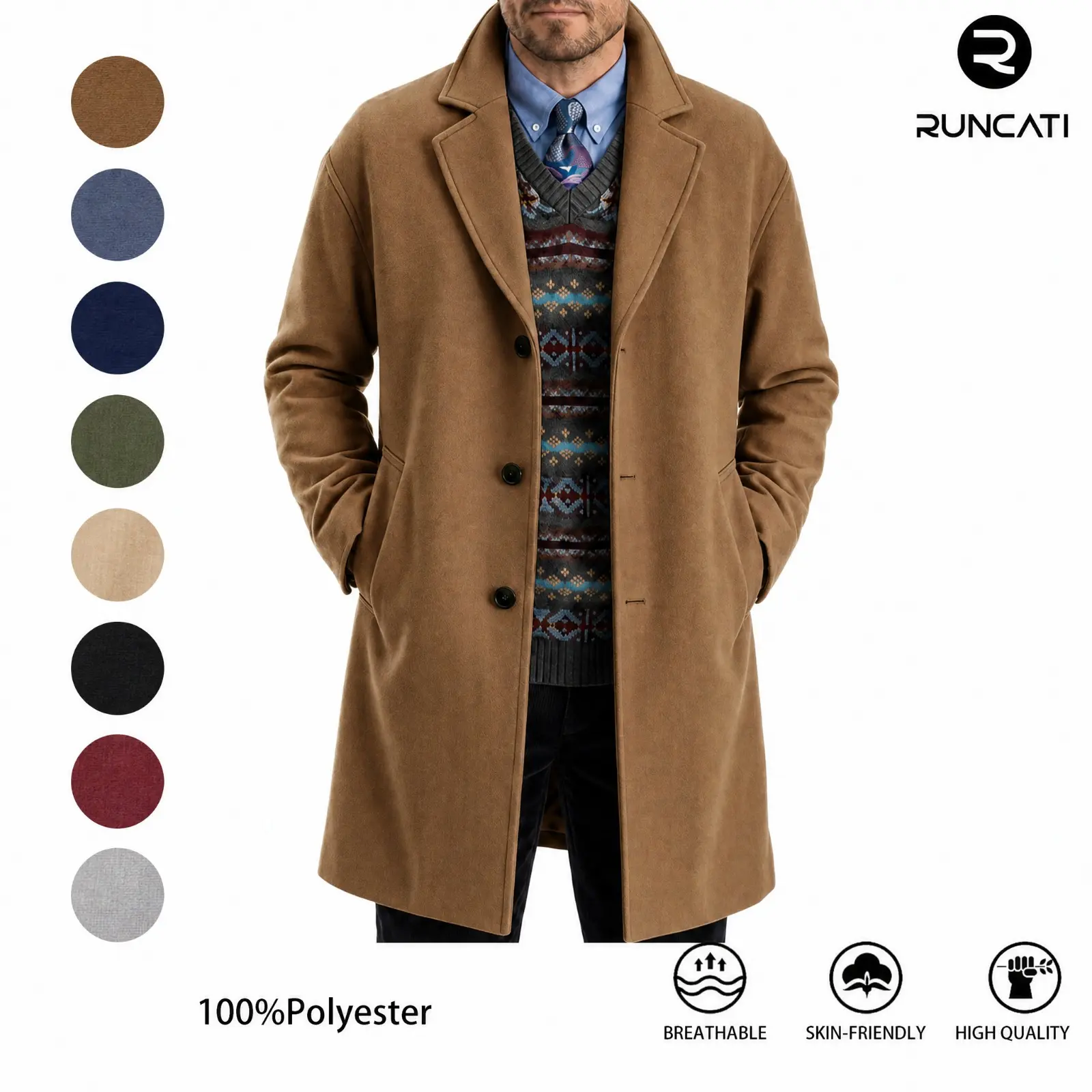 Runcati Men's Classic Notched Lapel Trench Coat, Single Breasted Mid Length Long Trench Coat, Warm Casual Business Winter Pea Coat with Side Pockets