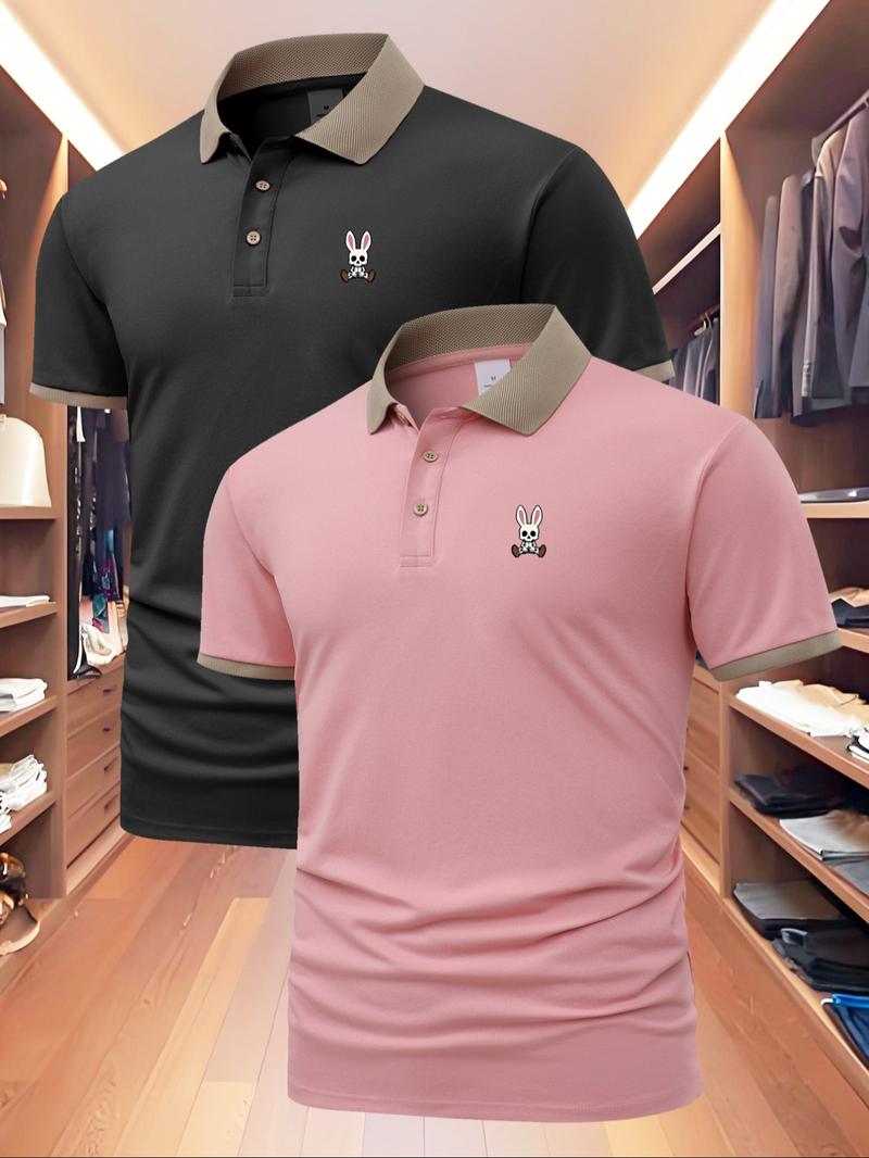 Men's Regular Fit Rabbit Print Polo Shirt, Casual Short Sleeve Collared Top for Summer, Fashion Men's Clothes for Daily Wear, Tropical