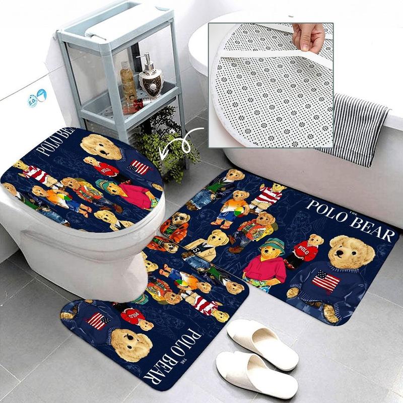 1/4pcs The Polo Bear Bathroom Set - Dark Blue Shower Curtain with Bear Illustrations (Striped Shirts, Casual Attire), Matching Toilet Seat Cover & Bath Mat, Home Decor for Playful Themed Bathrooms, Shower Curtain Sets 1/4pcs The Polo Bear Bathroom Set - Dark Blue Shower Curtain with Bear Illustrations (Striped Shirts, Casual Attire), Matching Toilet Seat Cover & Bath Mat, Home Decor for Playful Themed Bathrooms, Shower Curtain Sets