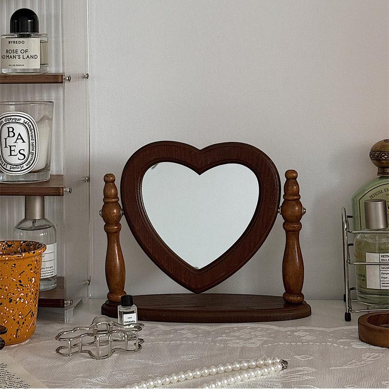 Rotatable Makeup Mirror Desktop Organizer Box, French Vintage Wooden Vanity Storage, Bedroom Desk Accessory, Unframed Edge Grinding Design