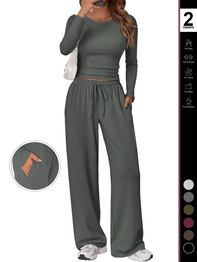 Women's 2 Piece Matching Lounge Set Long Sleeve Slightly Crop Top Wide Leg Pants Casual Sweatsuit 2026