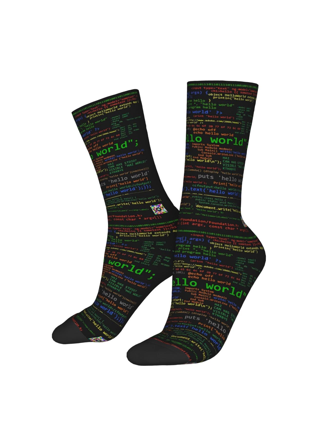 BIIHUDU Men'S Linux & Python Code Socks - Full-Body Programming Language Design (World; Hello World; print();) - Dark Green/Red - Tech Gift for Programmers, Developers - Durable Polyester Casual & Formal Wear - Novelty Computer Socks