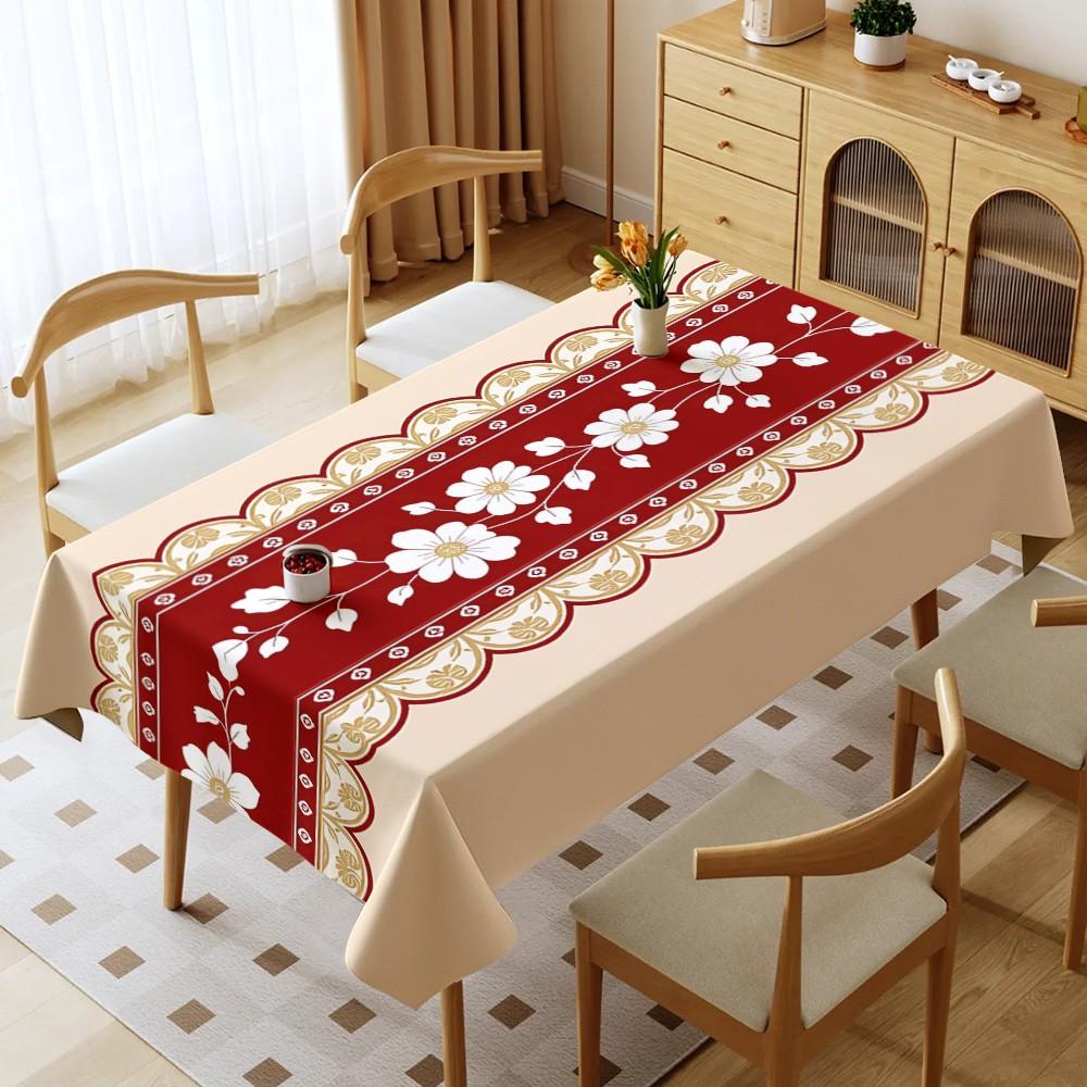 Rectangular Light Beige Tablecloth, with Red Floral-patterned Gold-bordered Table Runner, Perfect for Cozy Homey Dining Area, Elegant Design, Premium Fabric, Enhances Dining Ambiance