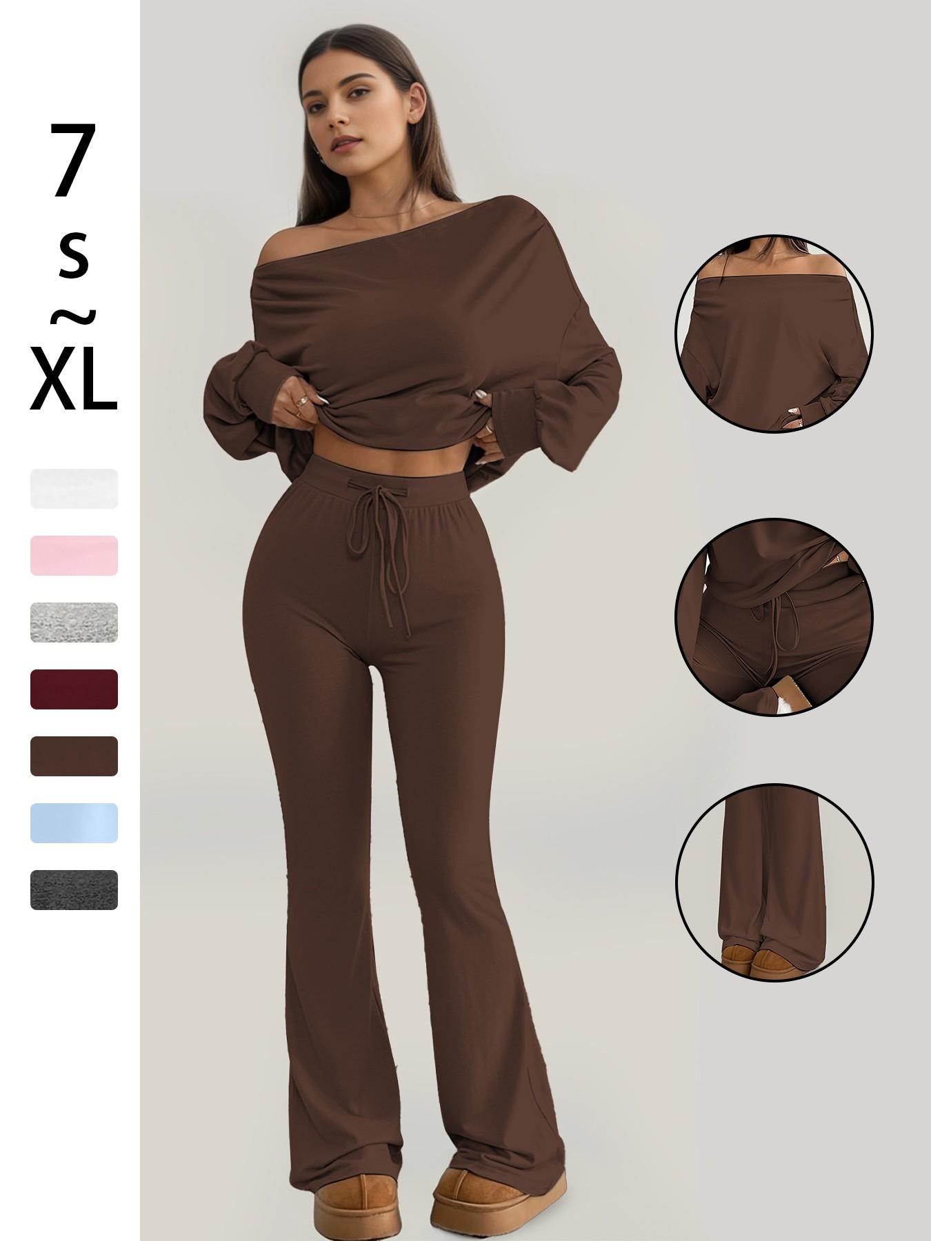 One Shoulder Long Sleeve Loose Crop Top and High Waisted Drawstring Skinny Vintage Bell Bottoms, Yoga Fitness Workout Gym Clothing, Fall & Winter
