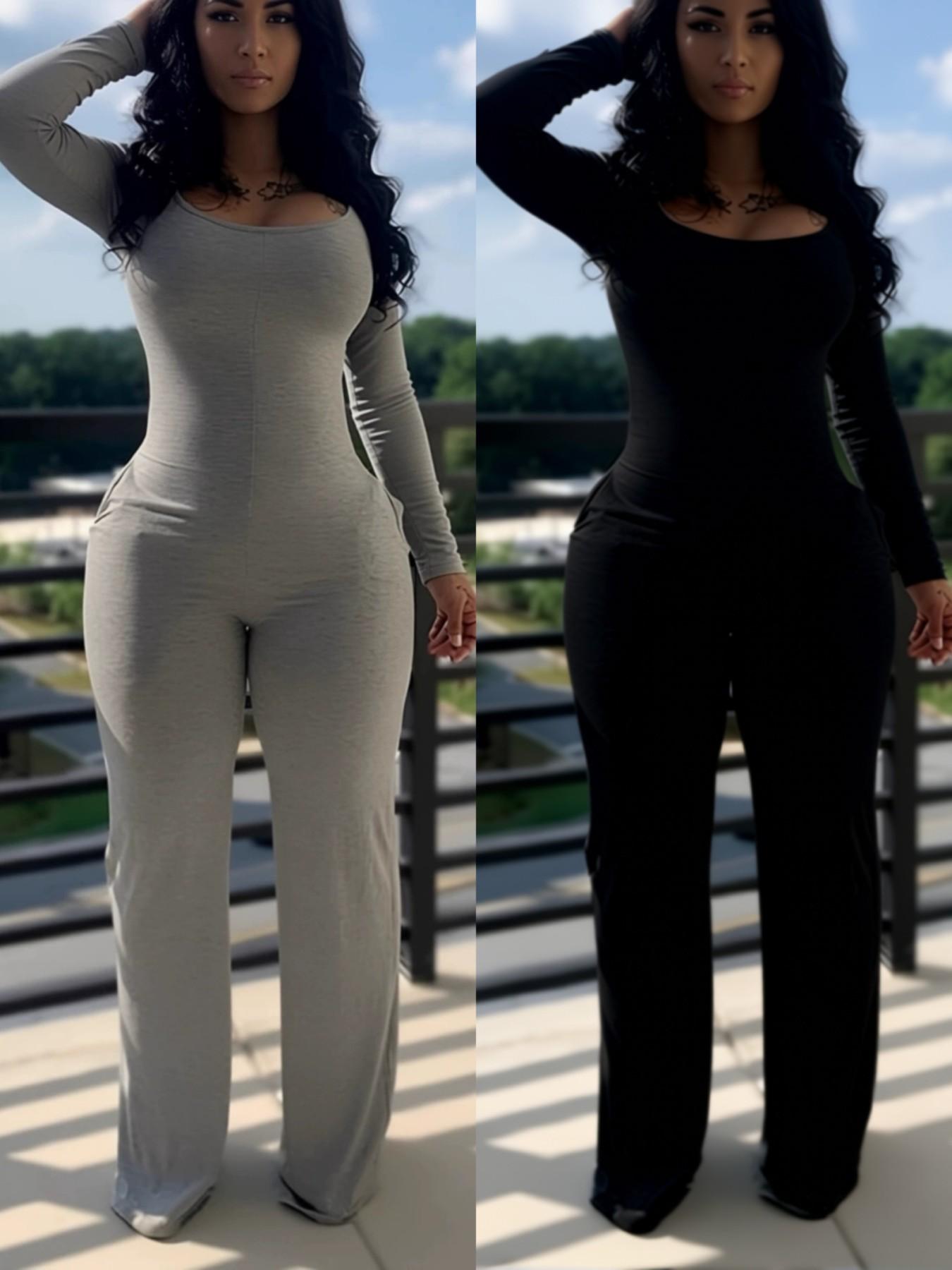Women's Sexy Fitted Plain Long Sleeve Jumpsuit, Fall & Winter Fashion, Low Neck Pocket Design, European Style, Casual Wear