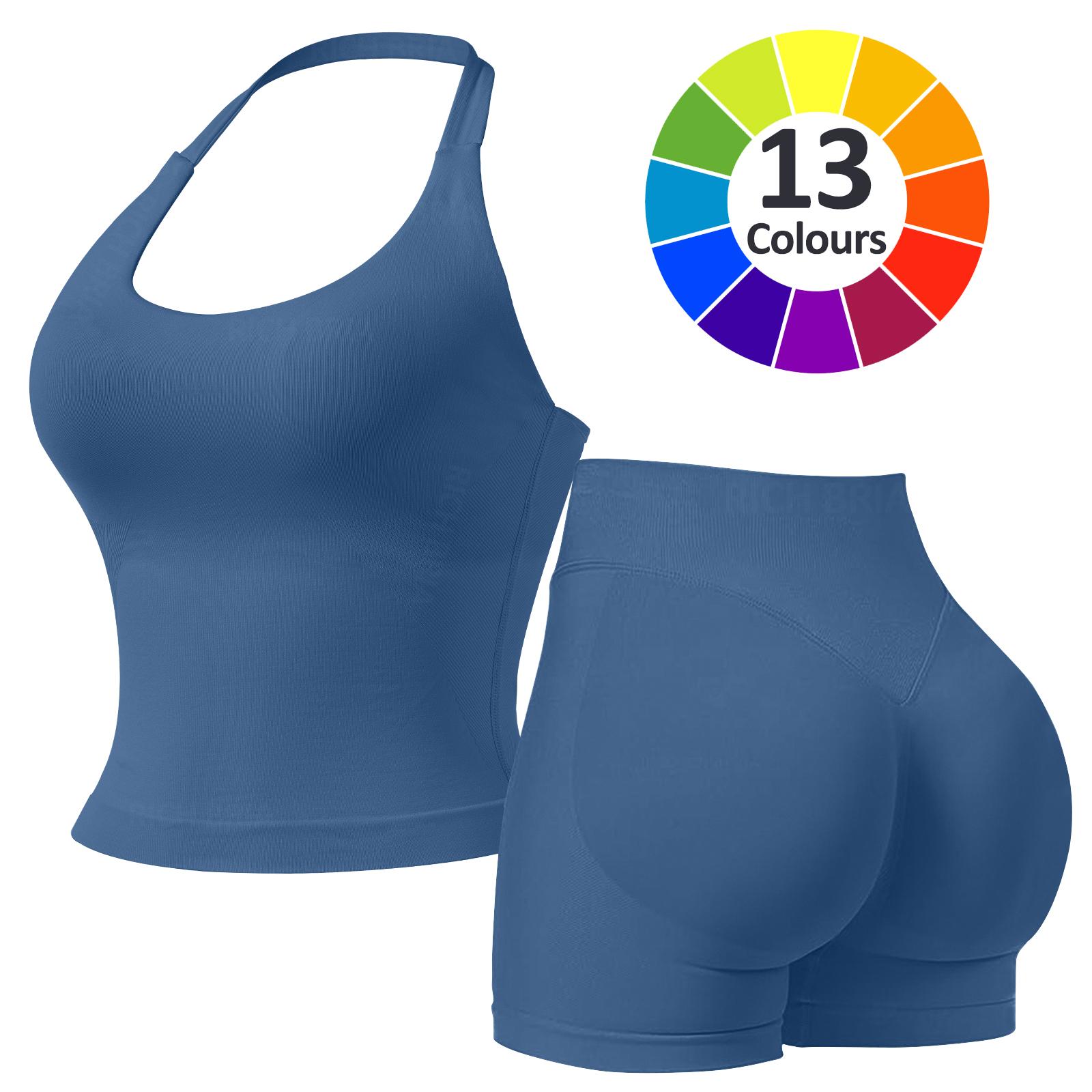 RICH BRIA Women's Solid Color Halter Top & High Waist Shorts Sports Set, Sporty Breathable Quick Drying Outfits for Yoga Gym Fitness Running, Ladies Sportswear for Summer, Workout Clothes, Workout Gym Clothing, Athletic Sports Clothing, Athleisure Wear