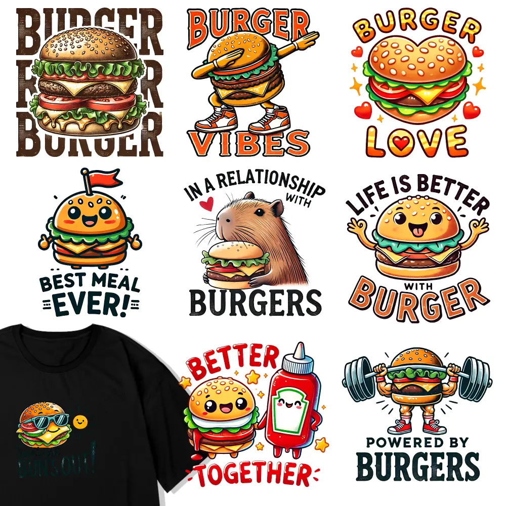 9 Pcs Burger Themed Iron on Transfers Iron on Decals for T Shirts for clothing, T-shirts, jeans, backpacks, hats, pillows. for Clothing T-Shirt Jeans Applications casual style. iron on decals Hoodie DIY Crafts