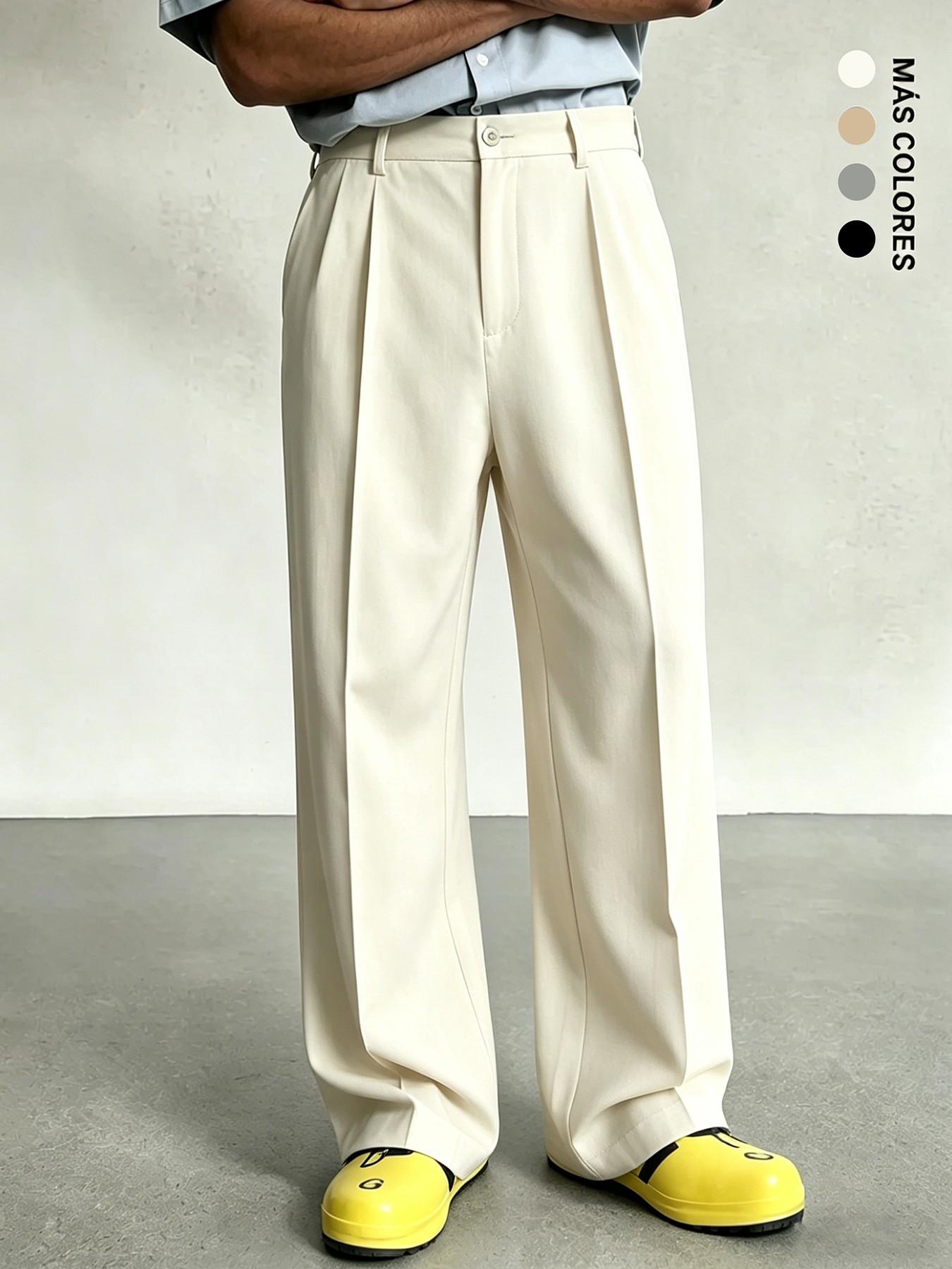Men's Pleated Wide Leg Suit Pants, Formal Wear, Casual Loose Fit, Business & Street Style, Mid Waist, Drawstring Waist, Adjustable Pants, All Seasons