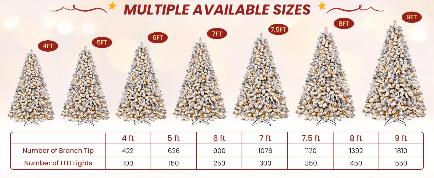 4/5/6/7.5/9FT Pre-Lit Snow Flocked Christmas Tree with Warm White Lights & Foldable Stand – Perfect for Holiday, Home & Party Decoration