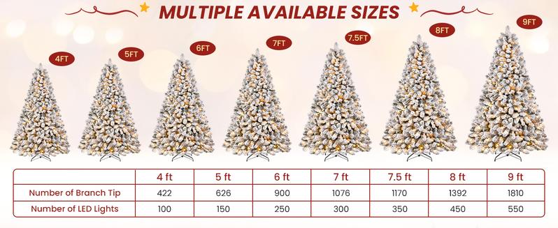 4/5/6/7.5/9FT Pre-Lit Snow Flocked Christmas Tree with Warm White Lights & Foldable Stand – Perfect for Holiday, Home & Party Decoration