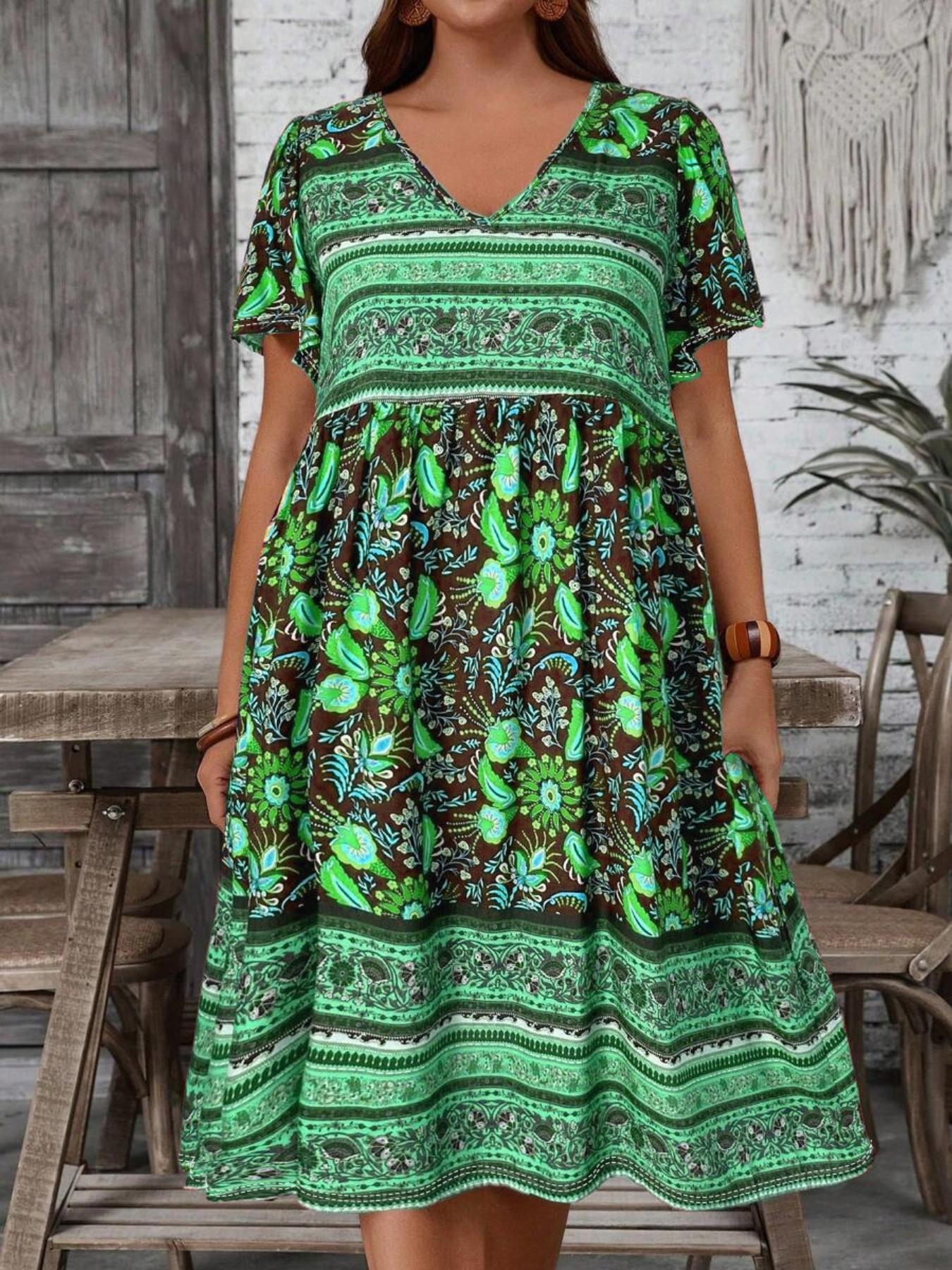 Plus Size Boho Paisley Floral Print Dress, Western Style Casual Vacation Dress, Comfortable and Stylish, Perfect for Relaxing Days, Boho Sundress