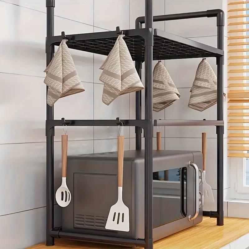 1pc Kitchen microwave rack, oven toaster rack, conditioning rack, rack with hooks, space-saving storage rack, kitchen organizer, wall shelf, stylish storage, easy to assemble