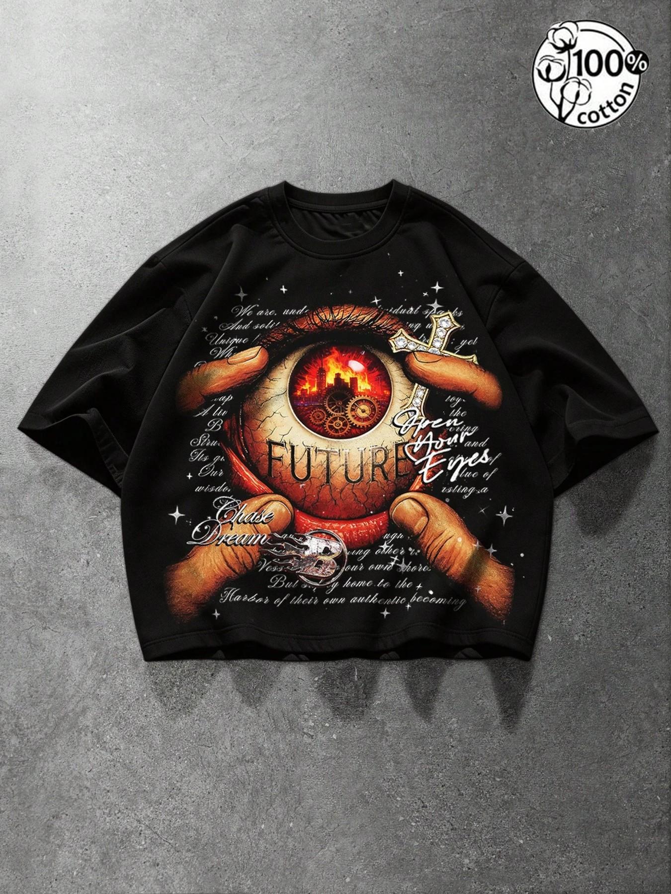 Unisex 100% Cotton Black Cropped Oversized T-Shirt | "FUTURE" Eye Print Gothic Y2K Alt Streetwear Casual Top Menswear