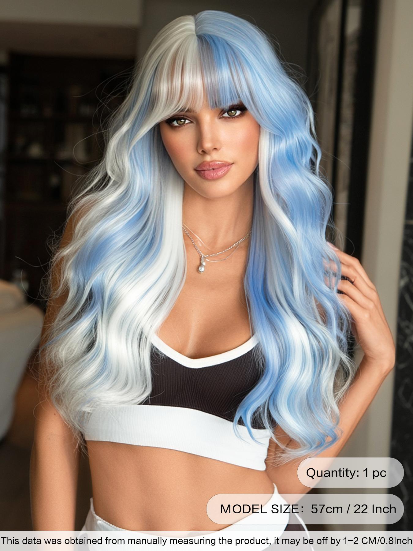 Red White & Blue Wigs for Women 22 Inch Medium Length Wavy Curly Wig with Bangs Synthetic Heat Resistant Wig for festival Fan Zone Support