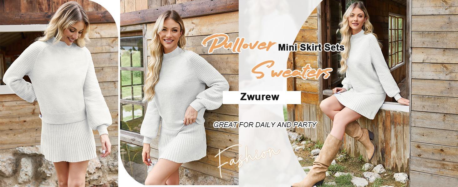 Women's 2-Piece Fitted Outfits - 2026 Long-Sleeve Mock Neck Soft Ribbed Knit Sweater & Puff Sleeve Mini Skirt Set, Easy Dress-Up Casual Fall Winter Fashion